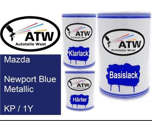 Mazda, Newport Blue Metallic, KP / 1Y: 500ml Lackdose + 500ml Klarlack + 250ml Härter - Set, von ATW Autoteile West.